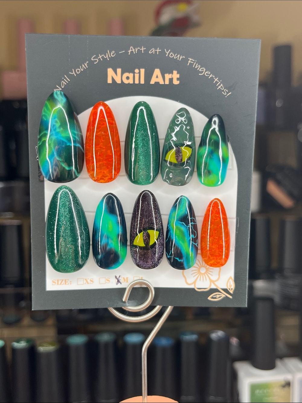 Press-On Nails - Dragon’s eye green lightening cat eye  medium almond